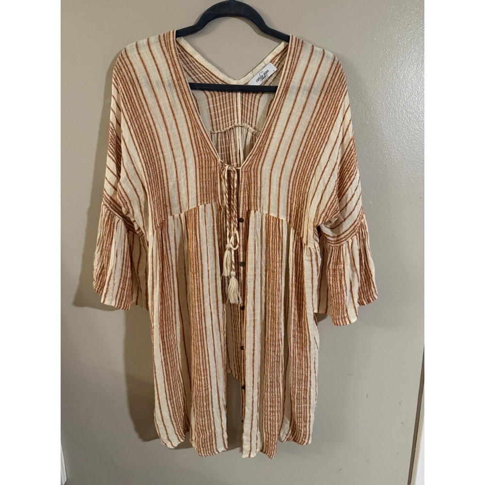 Carly Jean Los Angeles Striped Gauze Tassels‎ V Neck Tie Front Bell Sleeve Tunic